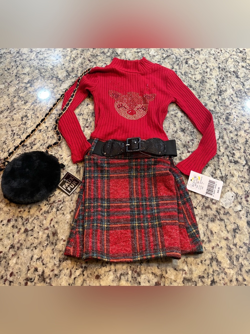 Knitworks Red Ribbed Sweater with Rhinestone Reindeer & Red Plaid Mini Dress